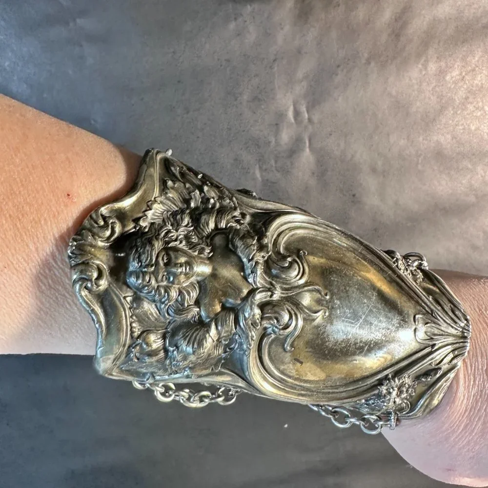 Antique Art Nouveau Wide Cuff Goddess Bracelet Bracer Alphonse Mucha Lady Face